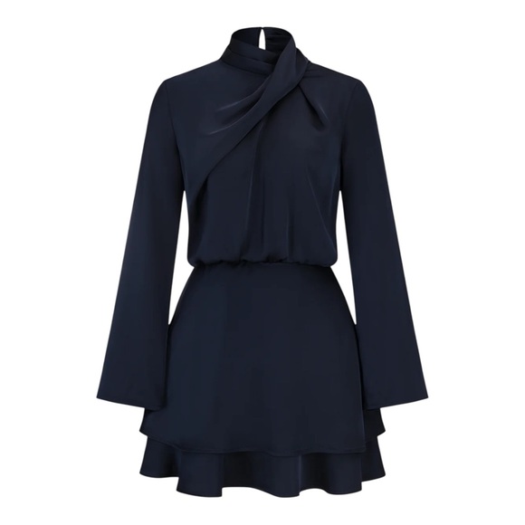 Commense Dresses & Skirts - Commense Navy Satin Cross Neck Tiered Mini Dress  Cocktail Party Medium NWT